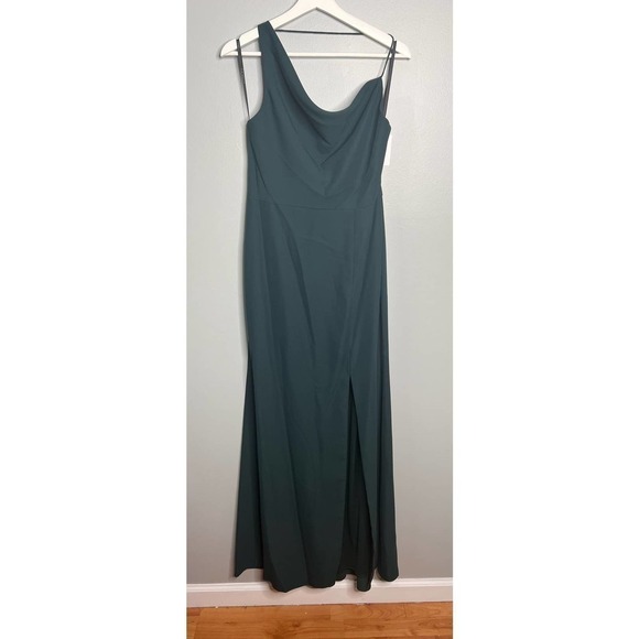 NWT After Six One Shoulder With Strap Cowl-Neck Crepe Maxi Dress Evergreen Sze 6 - Picture 5 of 12